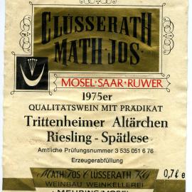 Clusserath Math Jos Trttenheimer Altarchen Riesling-Spatlese Label (1975)