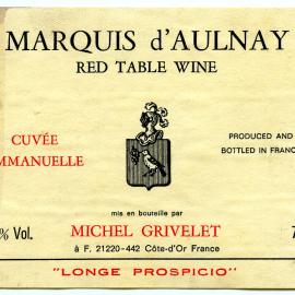 Michel Grivele Marquis d'Aulney Red Table Wine Label [n.d.]