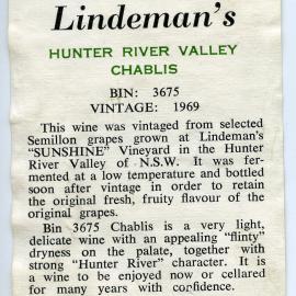 Lindeman's Hunter River Valley Chablis Label (1969)