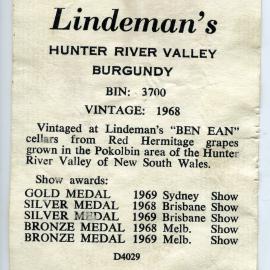 Lindeman's Hunter River Valley Burgundy Label (1968)