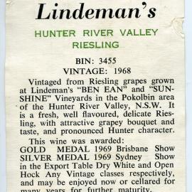 Lindeman's Hunter River Valley Riesling Label (1968)