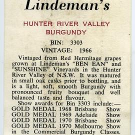 Lindeman's  Hunter River Valley Burgundy Label (1966)