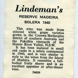 Lindeman's Reserve Madeira Solera Label (1940)