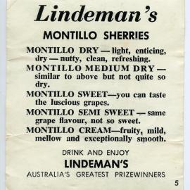 Lindeman's Montillo Sherries Label [n.d.]