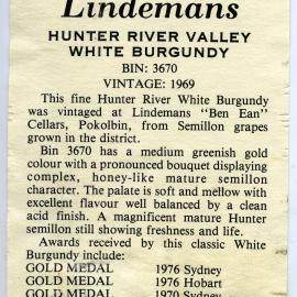 Lindemans Hunter River Valley White White Burgundy Label (1969)