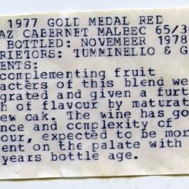 Tumminello and Gale Red Shiraz Cabernet Label (1977)