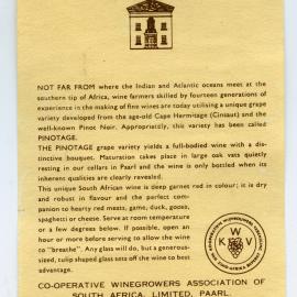 Co-Operative Winegrowers Association of South Africa Label [n.d.]