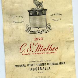 Mildara C.S. Malbec Label (1970)