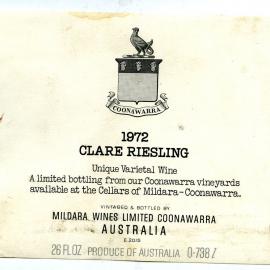 Mildara Clare Riesling Label (1972)