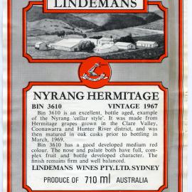 Lindemans Nyrang Hermitage Label (1967)