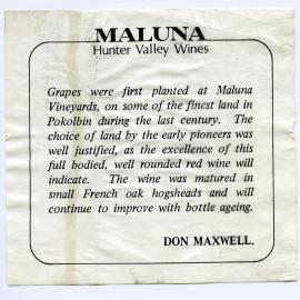 Maluna Hunter Valley Wines Label (1974)