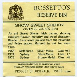 Rossetto's Wines Beelgara Vineyards Label (1968)