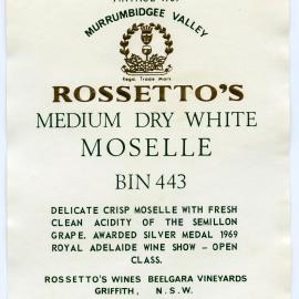 Rossetto's Wines Beelgara Vineyards Label (1969)