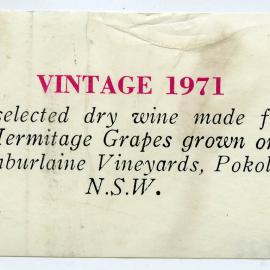 Tamburlaine Wines Hunter Valley Label (1971)