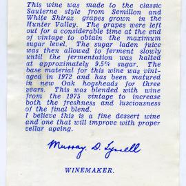 Tyrrell's Vineyards Label (1972)