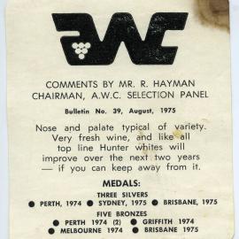 The Australian Wine Consumers' Co-operative Society Limited Label (1975)