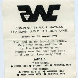 The Australian Wine Consumers' Co-operative Society Limited Label (1975)