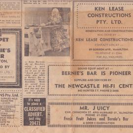 Bernie's Bar advertisement for Ken Lease Constructions