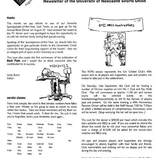 Back Page : Newsletter of the University of Newcastle Sports Union
