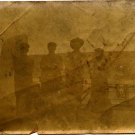 Five men on a ship - inscription on reverse side