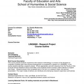LING6960 Course Outline, Semester 2, 2010