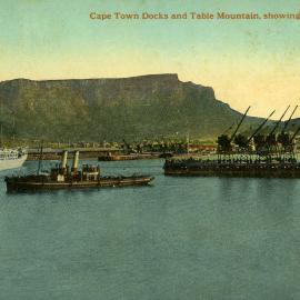 Cape Town Docks and Table Mountain - showing R.M. Steamer