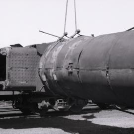 Boiler of ROD 17 being lifted up, scrapping of RODs at Hexham, 19 September 1973, Richmond Vale Railway