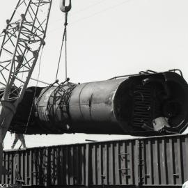 Boiler of ROD 17 being lowered into truck, scrapping of RODs at Hexham, 19 September 1973, Richmond Vale Railway