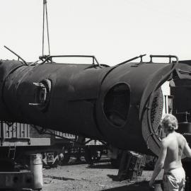 Boiler of ROD 16 being lifted, scrapping of RODs at Hexham, 19 September 1973, Richmond Vale Railway