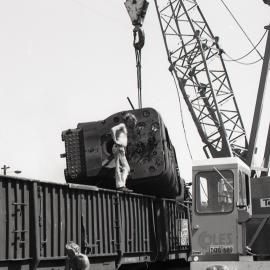 Boiler of ROD 16 being lowered into truck, scrapping of RODs at Hexham, 19 September 1973, Richmond Vale Railway