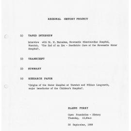 A6969_(iii)_Gardiner - Interview log : Paediatric Care at the Newcastle Mater Hospital - Sr. Mary Barnabas - 11 August 1989