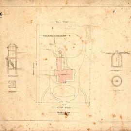 Plan of Residence for B.W. Levy Esq. Section of Line CD, Plan of Cistern, Block Plan, Plan of Tank.. No. 6 of 6. 11 May 1878. (Cintra House) [Linen Copy]