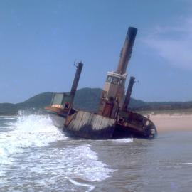 Wreck of Koondooloo, a Newcastle vehicular ferry on beach at Trial Bay, South West Rocks, NSW, January 1972