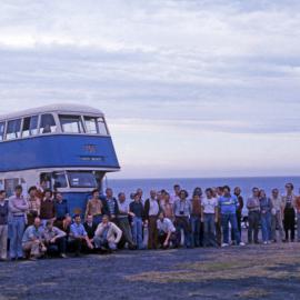 PTC Leyland OPD2-1 2769 tour, Norm Chambers, Robert Wetherby, James Bruce Selwyn, Dornan terminus, Caves Beach, NSW, 24 May 1975
