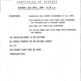 Conferring of degrees: Faculty of Arts: Saturday 26th April 1980, 10:30am: Master of Ceremonies notes 