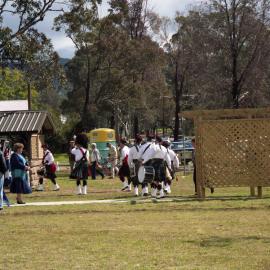 Pipes and drums at the unveiling of Bellbird Mine Disaster Memorial by the Governor General, Bill Hayden, Bellbird Mines Memorial Park, NSW, 1 September 1990