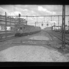 Victorian Railways electric multiple unit 'Tait' train arriving at Spencer Street Station, [1955]