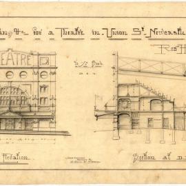 Design plans for a theatre in Union St, Newcastle for Robert Hollyford. Front elevation and section