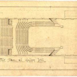 Design plans for a theatre in Union St, Newcastle for Robert Hollyford. Floor plan at gallery level.
