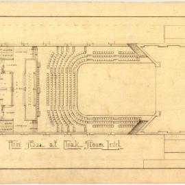 Design plans for a theatre in Union St, Newcastle for Robert Hollyford. Floor plan at cloak room level