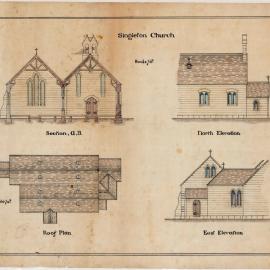 Section A, B. North Elevation. East Elevation, Roof Plan : [All Saints Anglican Church, Singleton], NSW, [1880s]