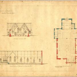 Section on Line AB. Longitudinal Section on Line C.D. Plan of Church to seat 660 : [All Saints Anglican Church, Singleton, NSW], 16 September 1882