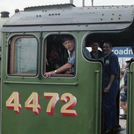 Driver and crew of former London & North Eastern Railway (LNER) Class A3 Locomotive 4472 'Flying Scotsman' at Broadmeadow Station, Broadmeadow, NSW