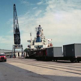 Container wagon being shunted on Lee Wharf, 29 December 1989