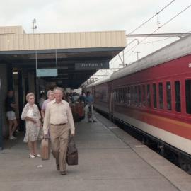 People getting onto the Newcastle Flyer at Platform 1, Broadmeadow Station, Broadmeadow, NSW
