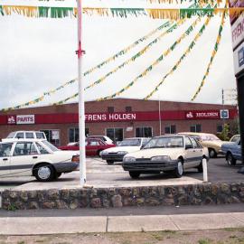 Cars in Fren's Holden car yard, Kurri Kurri, NSW, December 1987