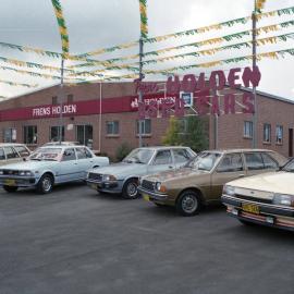 Cars in Fren's Holden car yard, Kurri Kurri, NSW, December 1987