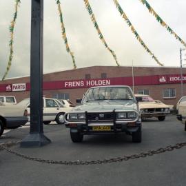 Cars in Fren's Holden car yard, Kurri Kurri, NSW, December 1987