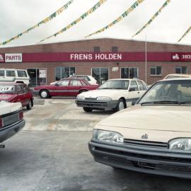 Cars in Fren's Holden car yard, Kurri Kurri, NSW, December 1987