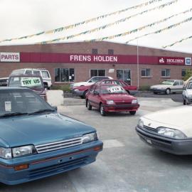 Cars in Fren's Holden car yard, Kurri Kurri, NSW, December 1987